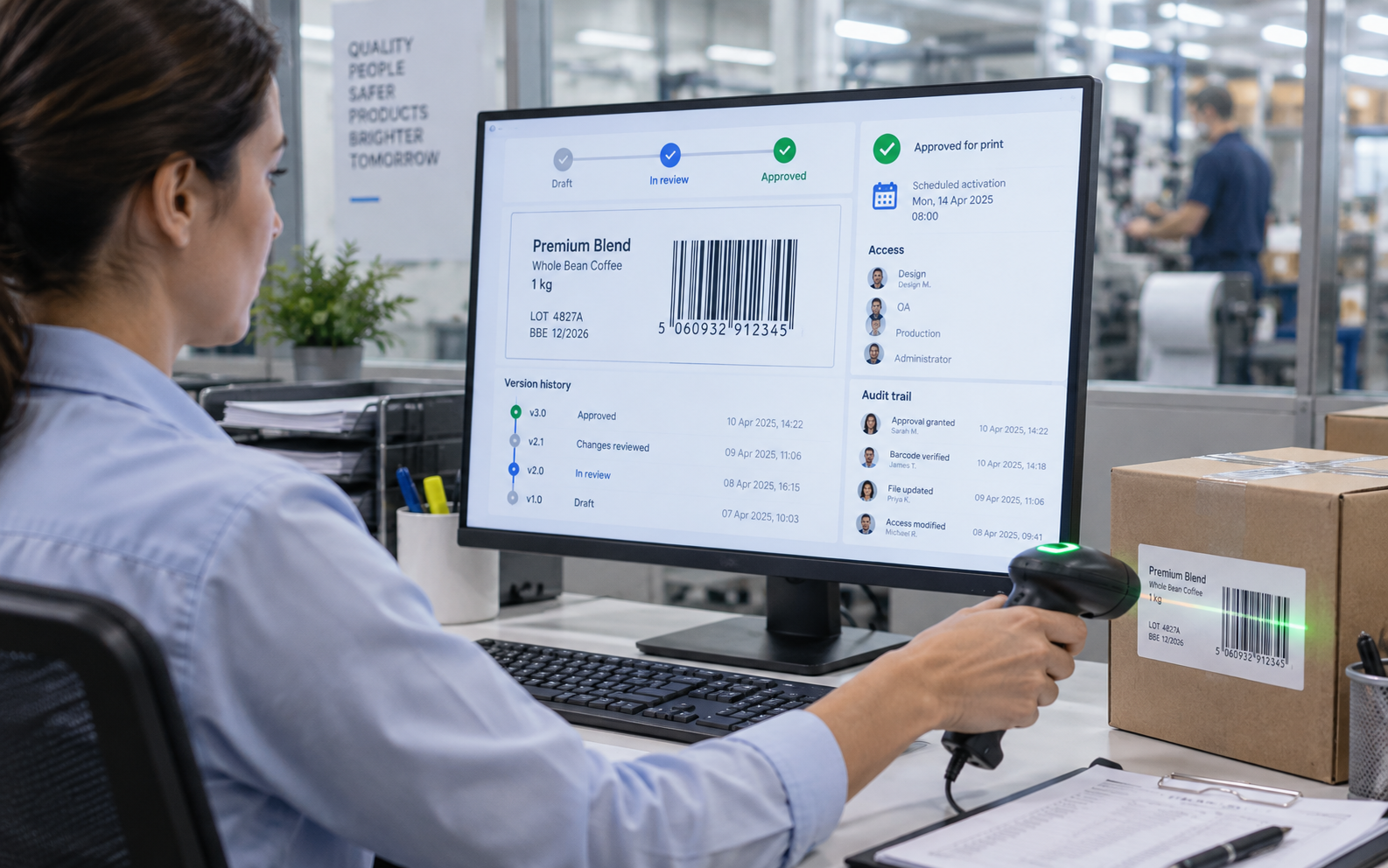 Approval workflow moving a label from draft to approved with effectivity dates