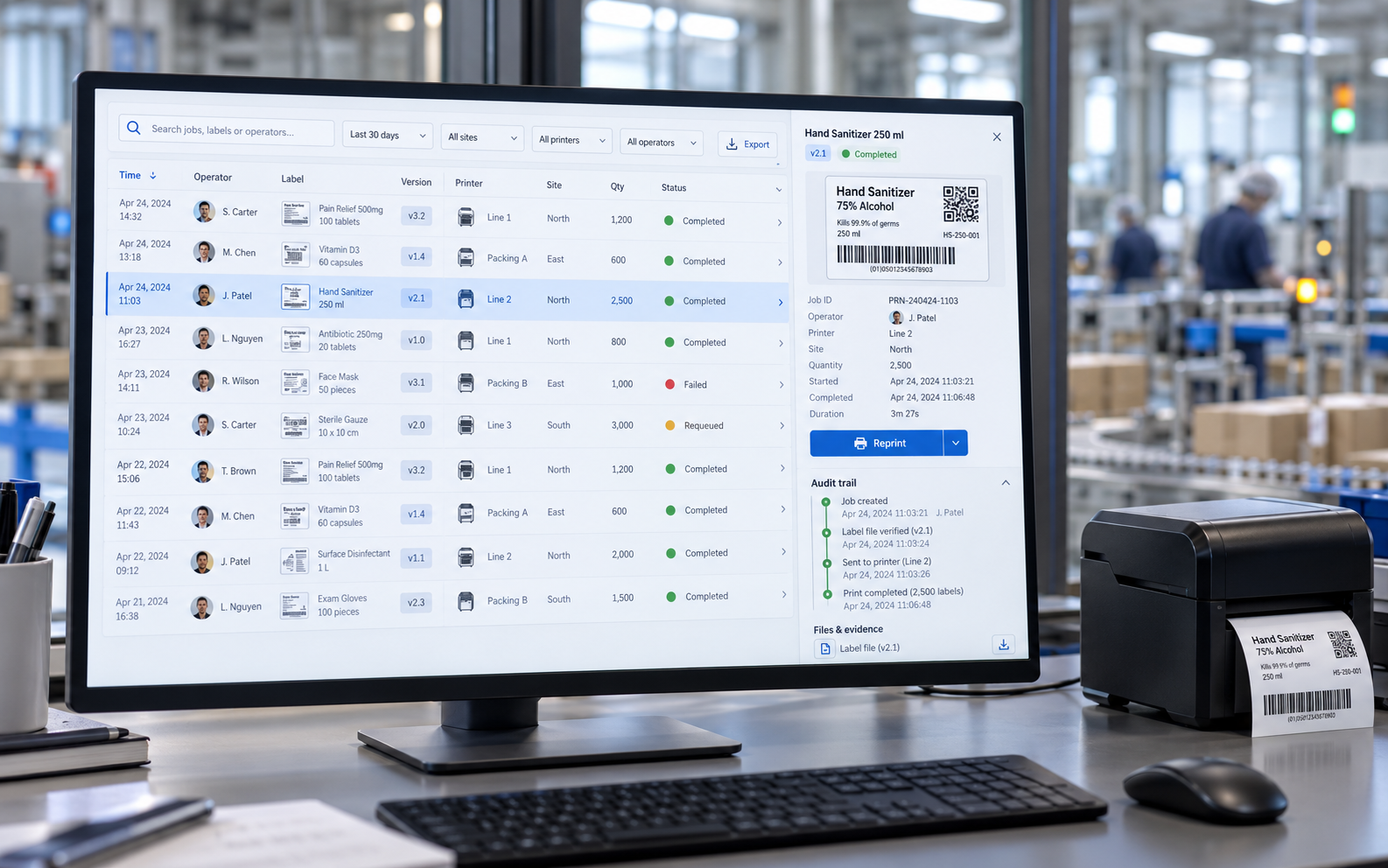 Print history table listing jobs by person, label, printer, quantity and timestamp